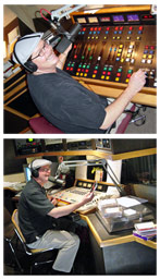 Two photos of Drew Miller on the air doing the radio show